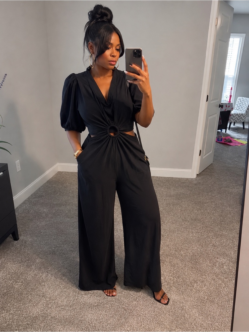 Haute Monde Black Cutout Ring Wide-Leg Jumpsuit